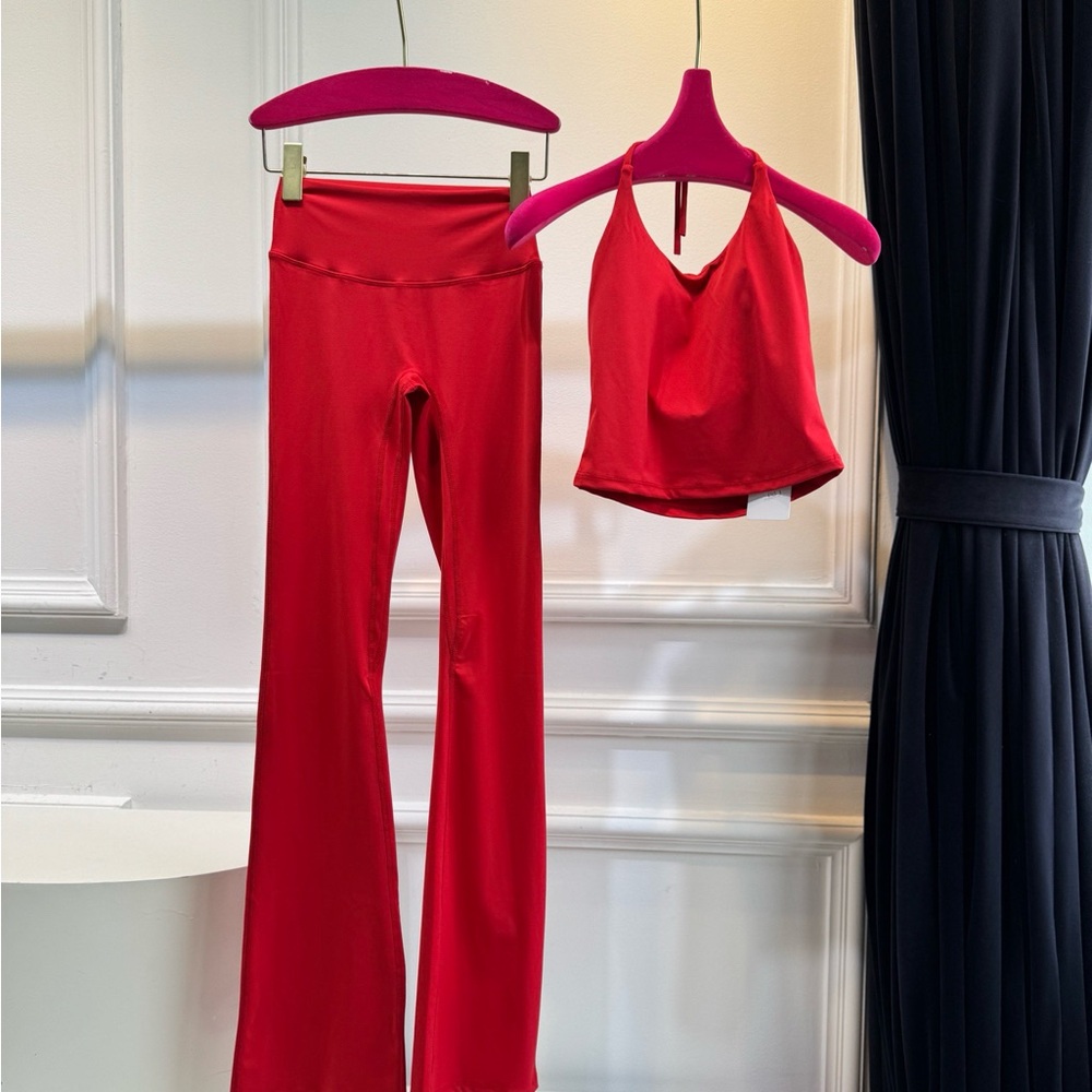 Red Women's Flared Yoga Pants & Halter Crop Top Set - Picture 1 of 2